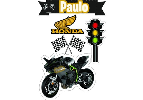 Topo Topper De Bolo Personalizado Moto Grau