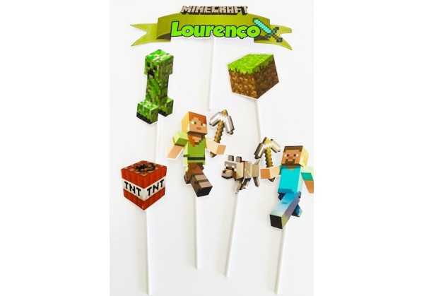 Topo Topper de Bolo Minecraft Personalizado Já no palito